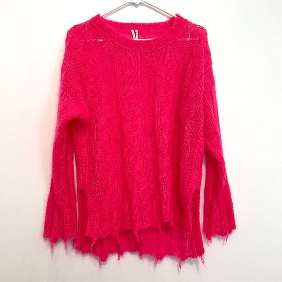 ANTHROPOLOGIE ANTHRO Posey Stitchy Distressed Sweater Neon Pink Oversized WOOL - Picture 2 of 16